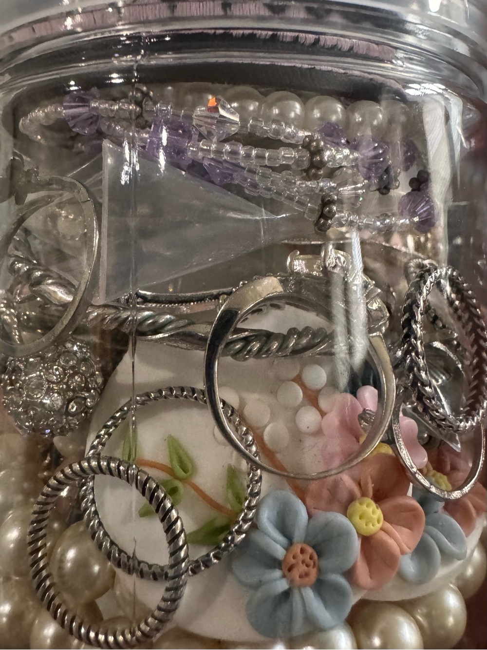Pearls, Pink and Silver-toned Mystery Jewelry Jar